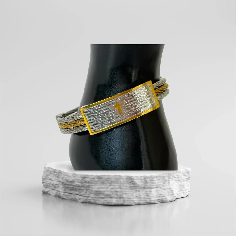 Gold Silver Stainless Steel Cable Wire Cross ID Men's Bracelet‎ 7.5